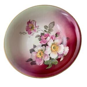 Vintage German Serving Bowl Colorful Floral Image Burgundy Pink Green 9 Inch